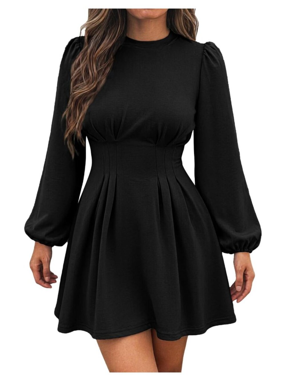 Women Long Sleeve A-Line Mini Dress High Waist Puff Sleeve Work